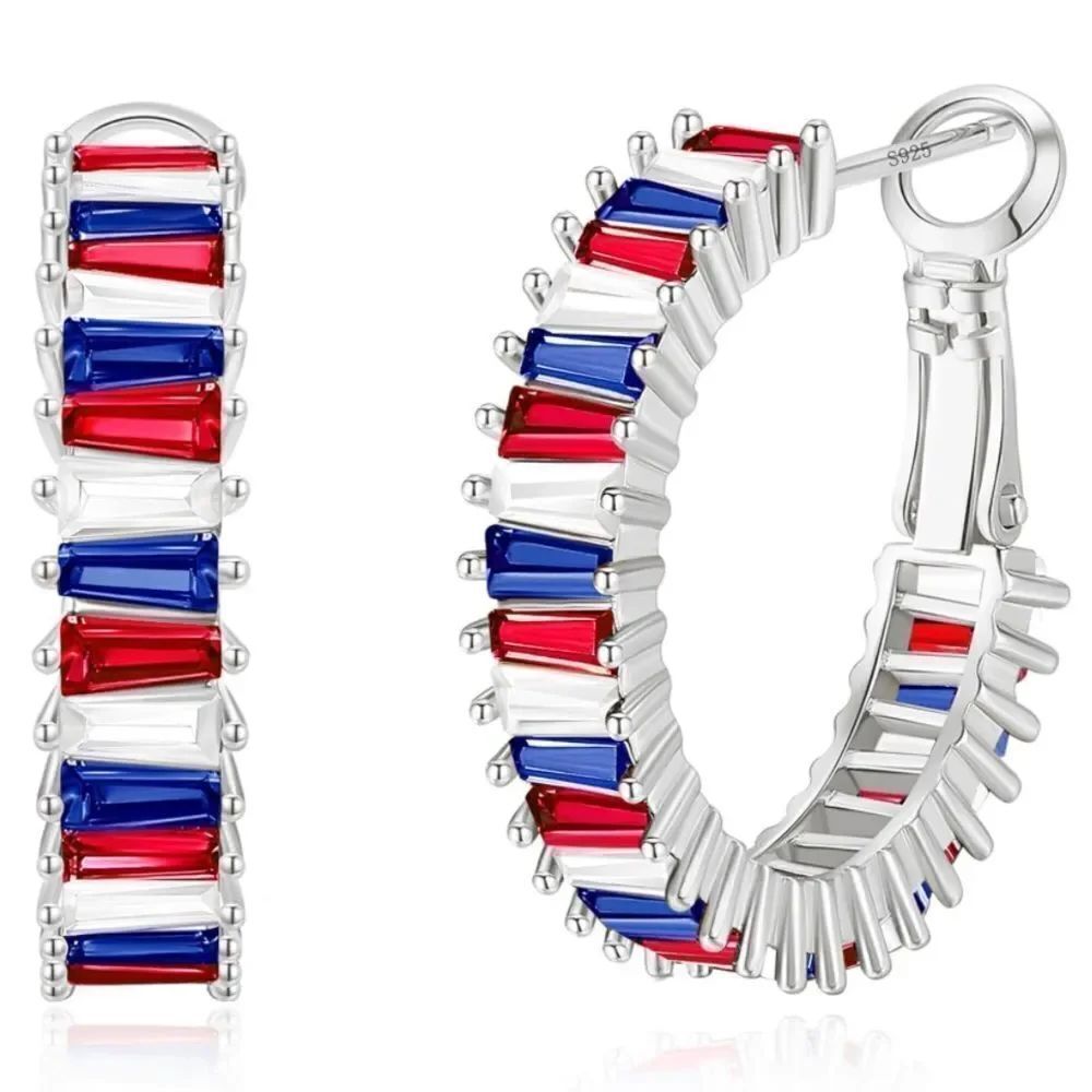 14K White Gold with Multicolored Cubic Zirconia Drop Hoop Leverback Earrings